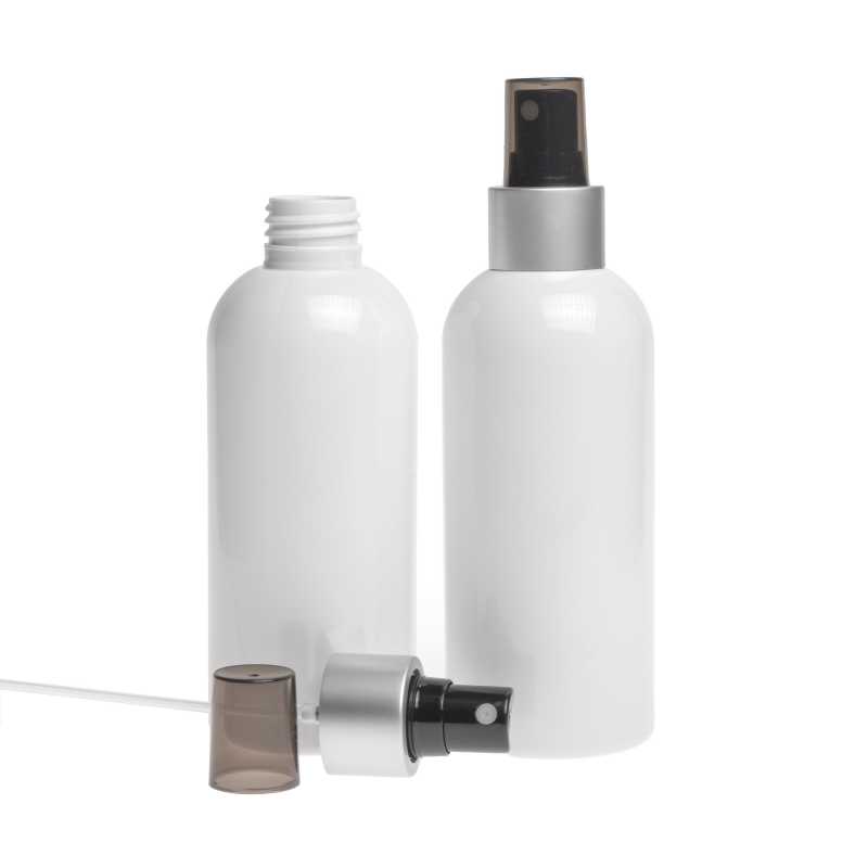 Bouteille en plastique blanc, spray noir, col argenté mat, bouchon fumé, 300 ml