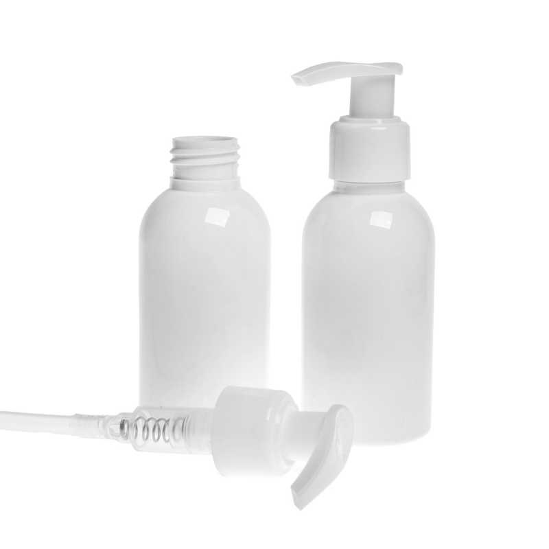 Flacon en plastique blanc, pompe blanche, 100 ml