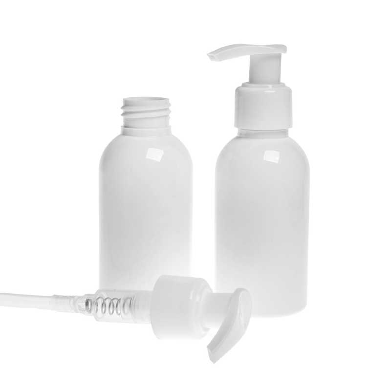 Flacon en plastique blanc, pompe blanche, 150 ml