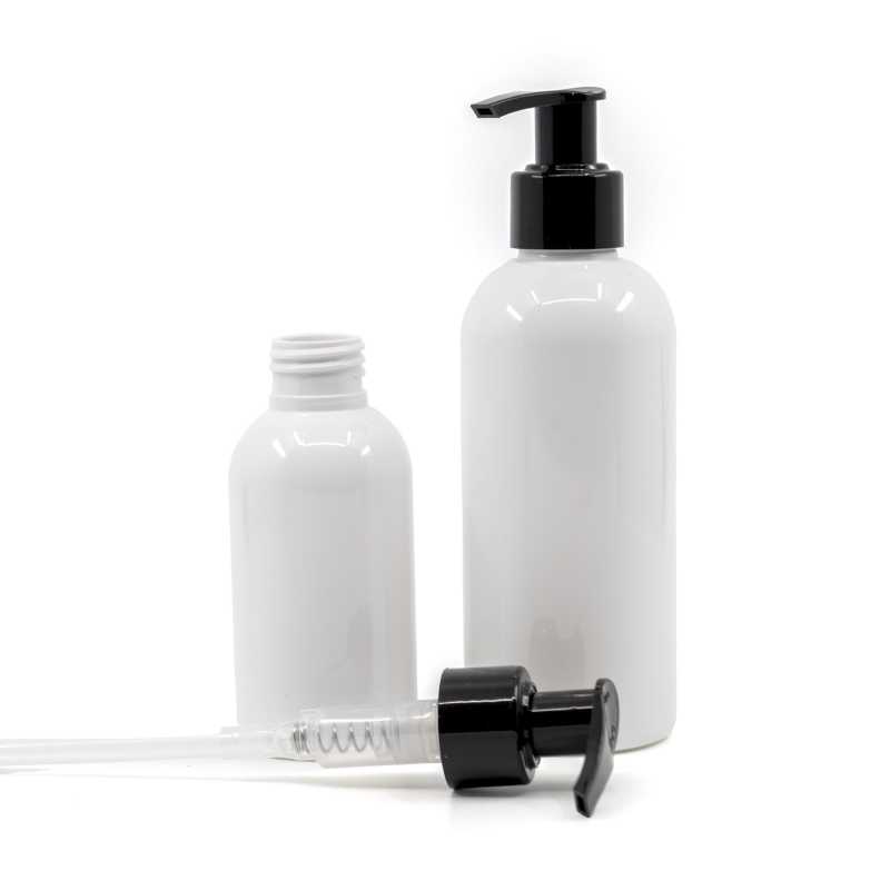Flacon en plastique blanc, pompe lisse noire, 150 ml