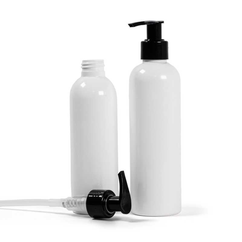Bouteille en plastique blanc, pompe lisse noire, 250 ml