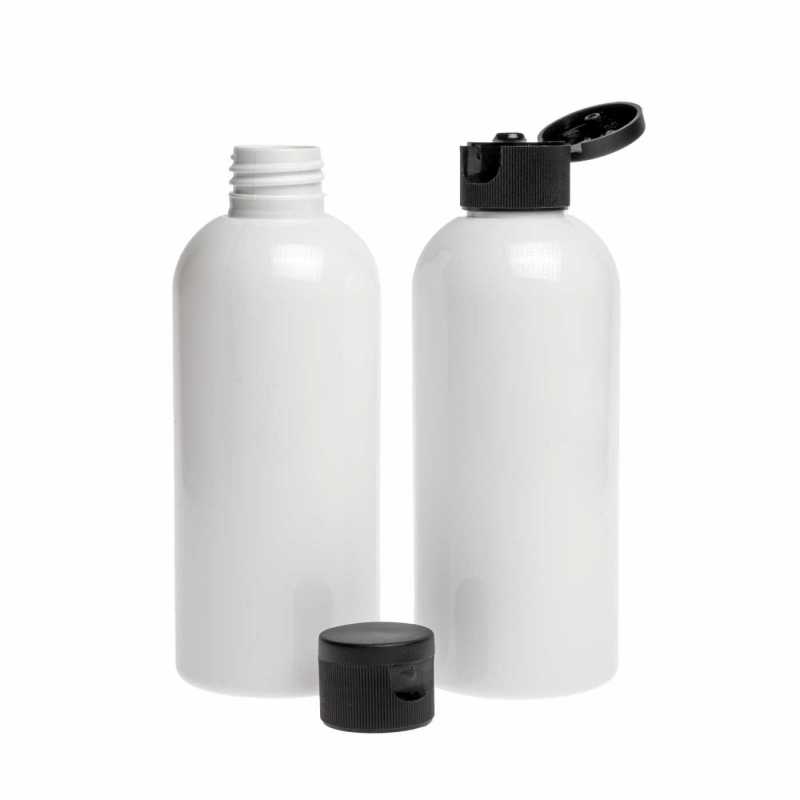 Bouteille en plastique blanc, bouchon noir, 150 ml