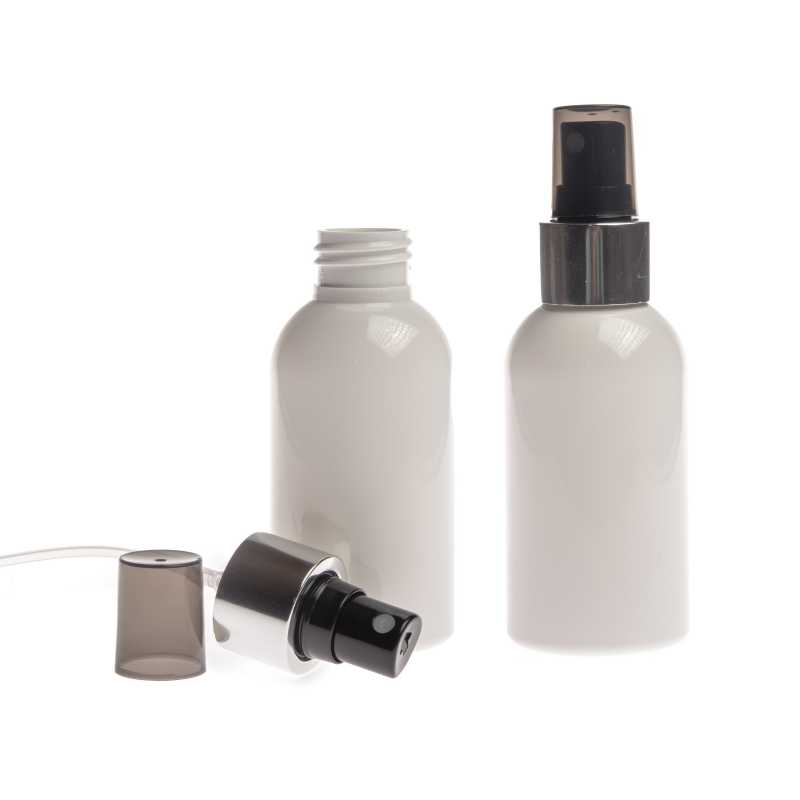 Bouteille en plastique blanc, vaporisateur noir avec col argenté brillant, 150 ml