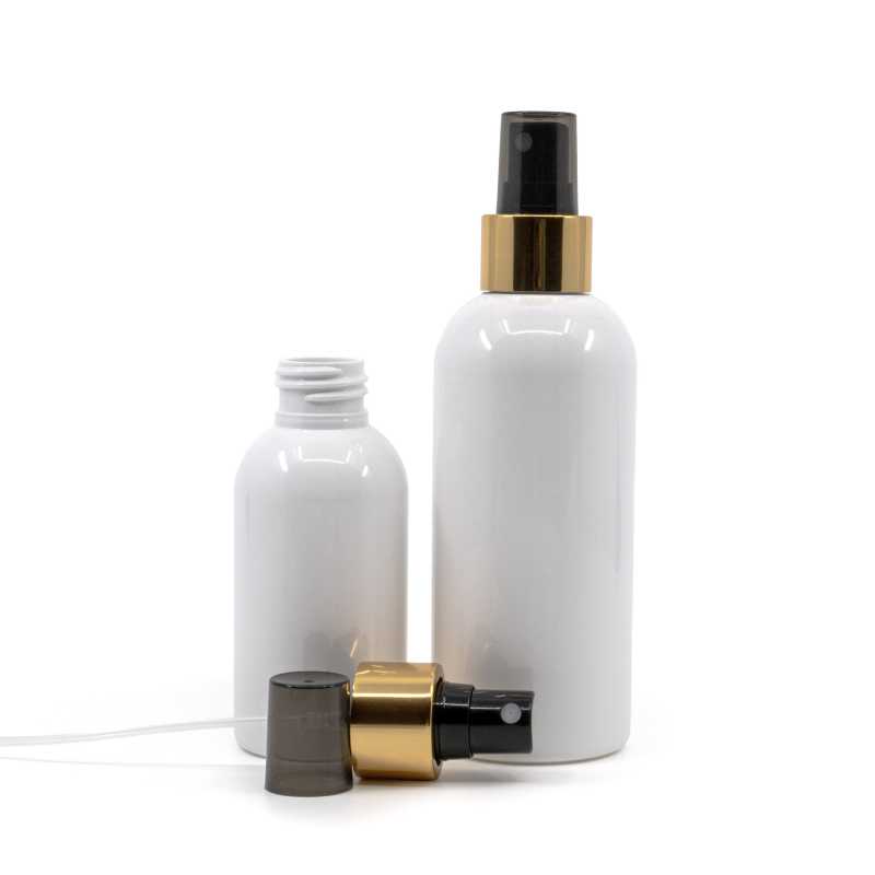 Bouteille en plastique blanc, vaporisateur noir avec collerette dorée brillante, 150 ml