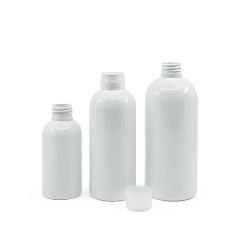 Flacon en plastique blanc, bouchon transparent, 100 ml