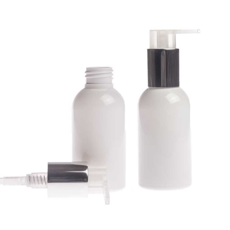 Flacon en plastique blanc, pompe argentée, 150 ml