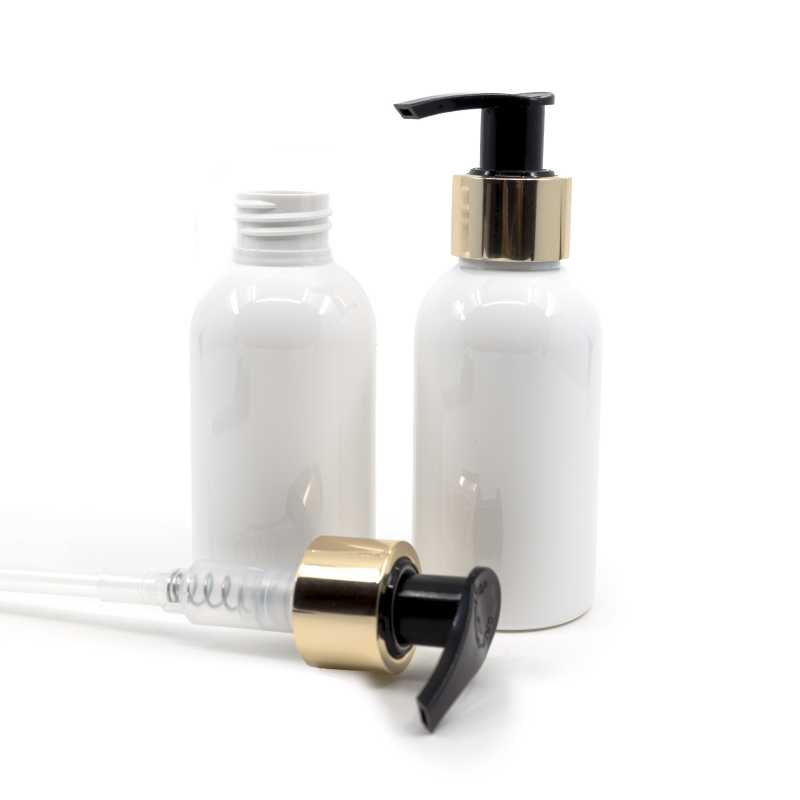Flacon en plastique blanc, pompe dorée, 150 ml