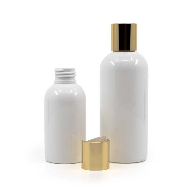 Bouteille en plastique blanc, bouchon doré, 150 ml