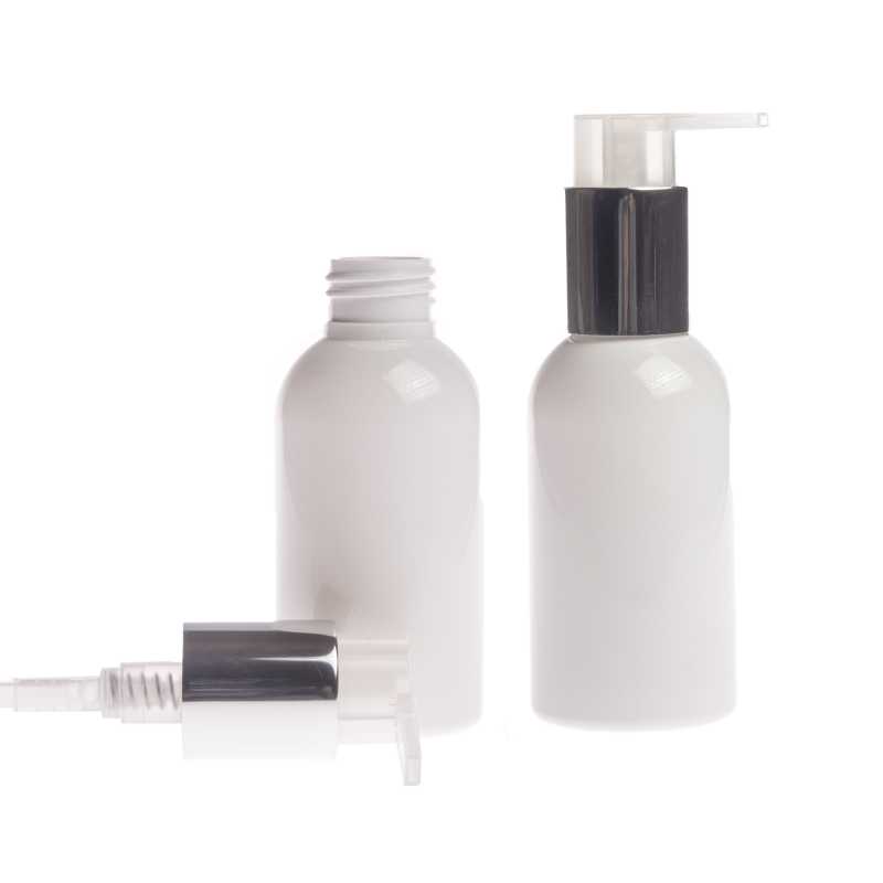 Flacon en plastique blanc, pompe argentée, 100 ml