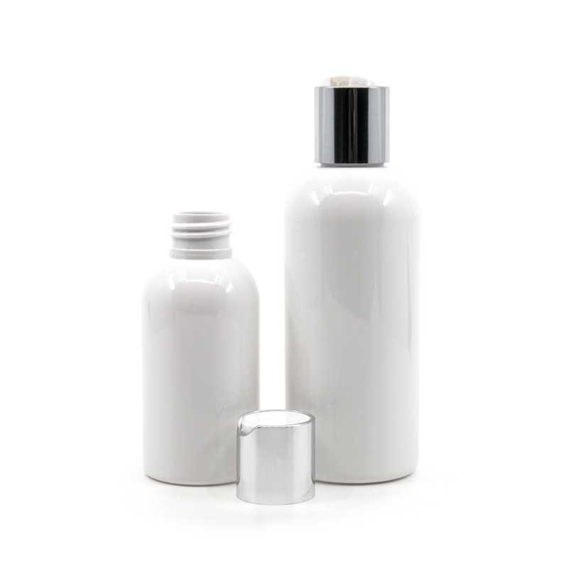 Bouteille en plastique blanc, couvercle argenté, 100 ml