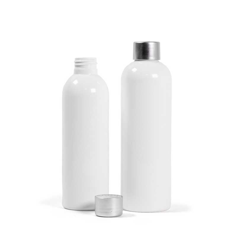 Bouteille en plastique blanc, bouchon argenté, 250 ml