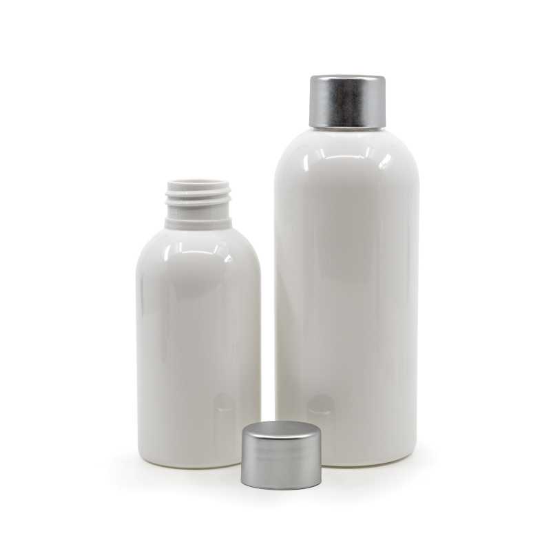 Bouteille en plastique blanc, bouchon argenté, 300 ml