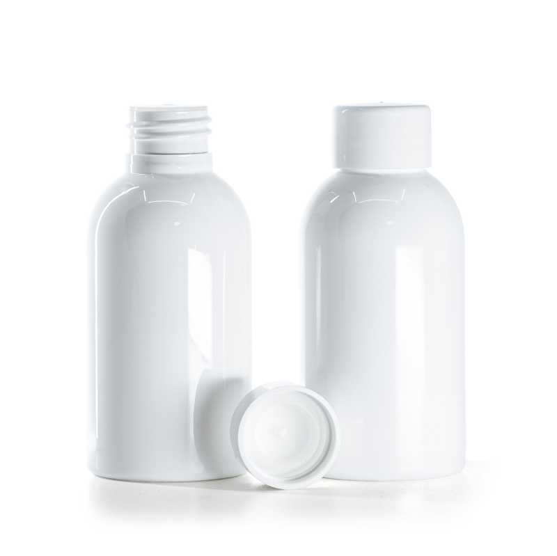 Flacon plastique blanc, bouchon lisse blanc avec réducteur, 100 ml