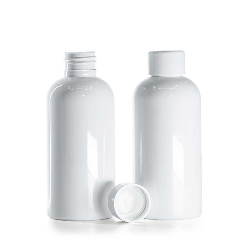 Flacon plastique blanc avec bouchon blanc lisse et réducteur, 150 ml