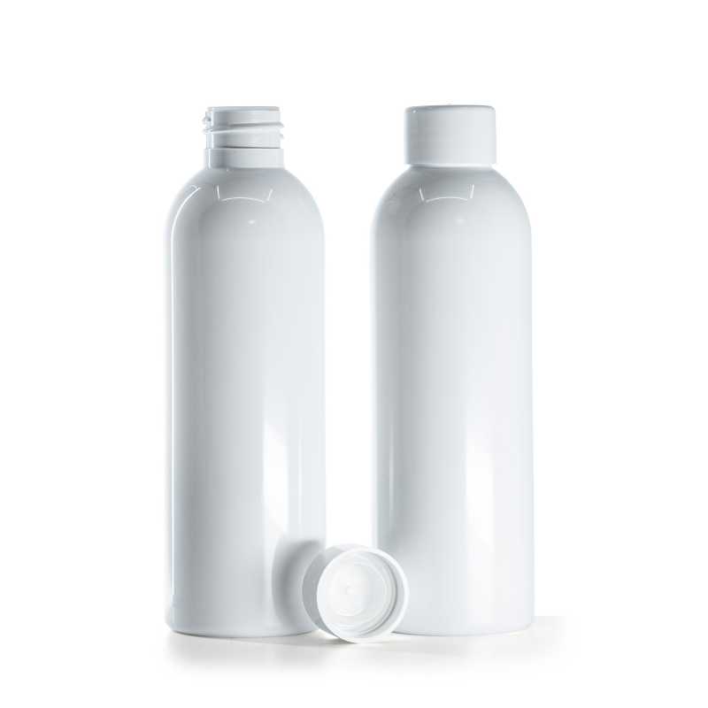 Flacon plastique blanc, bouchon lisse blanc avec réducteur, 200 ml