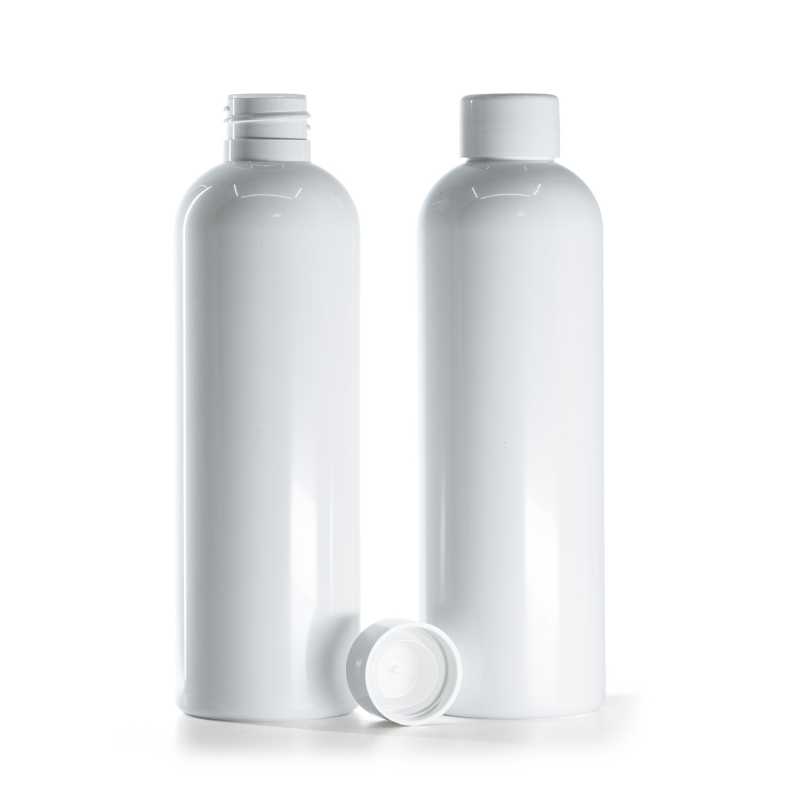 Flacon en plastique blanc avec bouchon lisse blanc avec réducteur, 250 ml