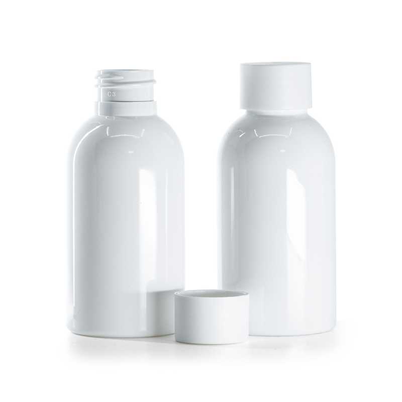 Flacon en plastique blanc, capsule blanc mat, 100 ml