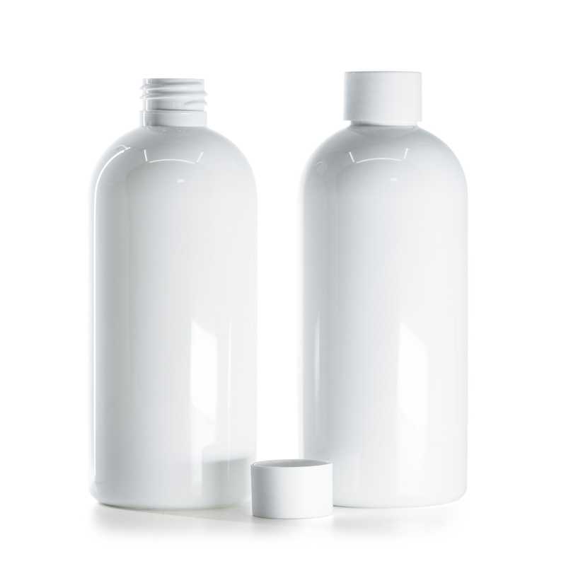 Flacon en plastique blanc, bouchon blanc mat, 300 ml