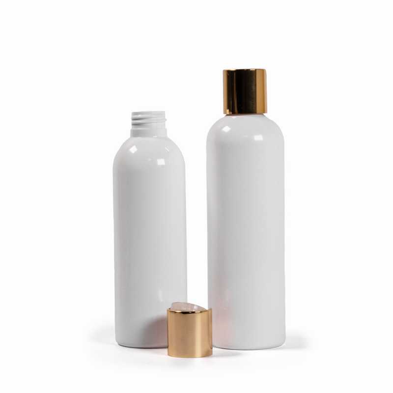 Bouteille en plastique blanc, bouchon doré, 200 ml
