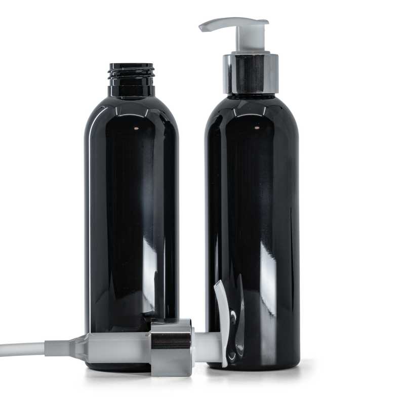 Flacon en plastique noir brillant, pompe lotion blanche avec bague argentée brillante, 200 ml