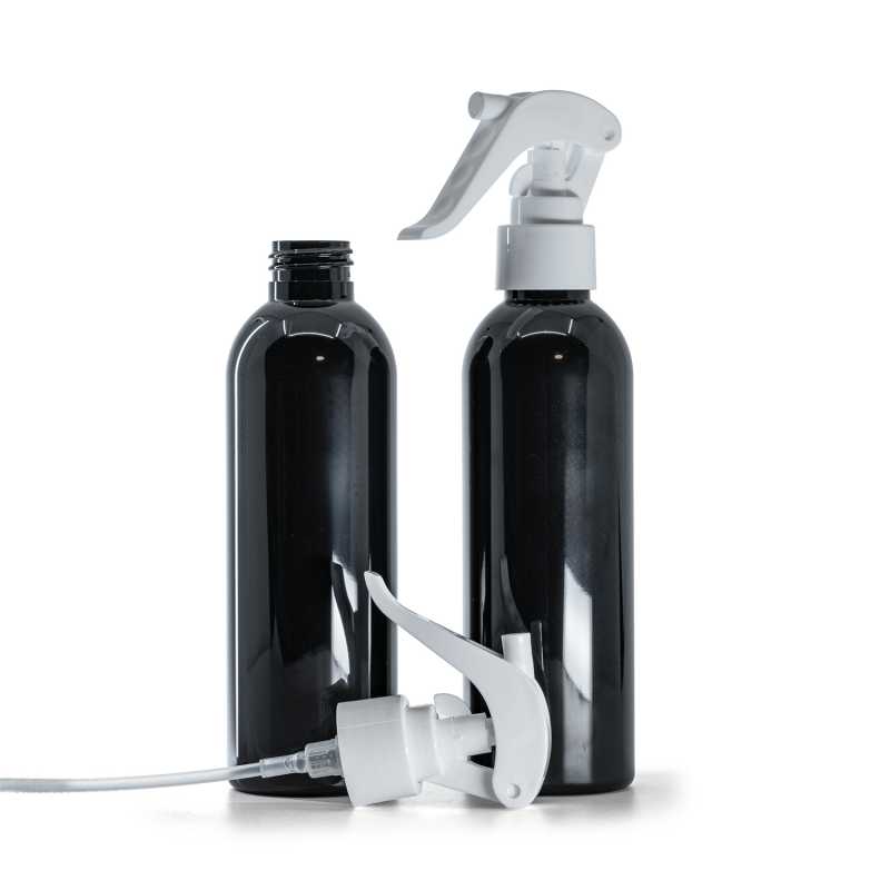 Flacon en plastique noir brillant avec pulvérisateur à gâchette blanc, 200 ml