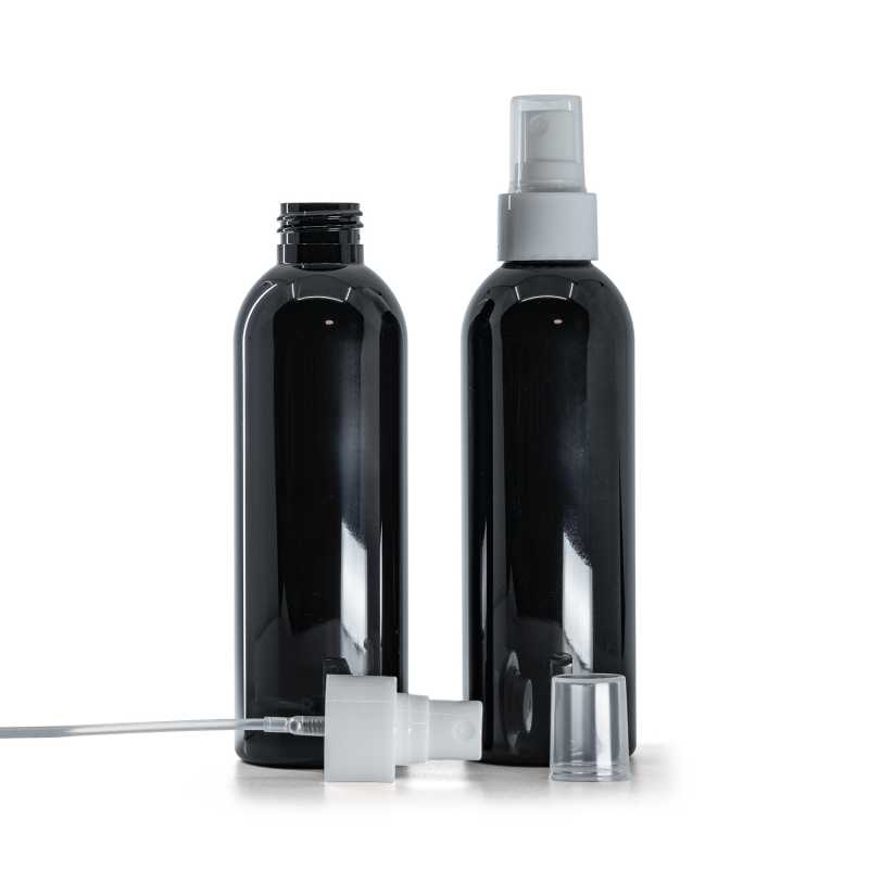 Flacon en plastique noir brillant avec pulvérisateur brume fine blanc, 200 ml