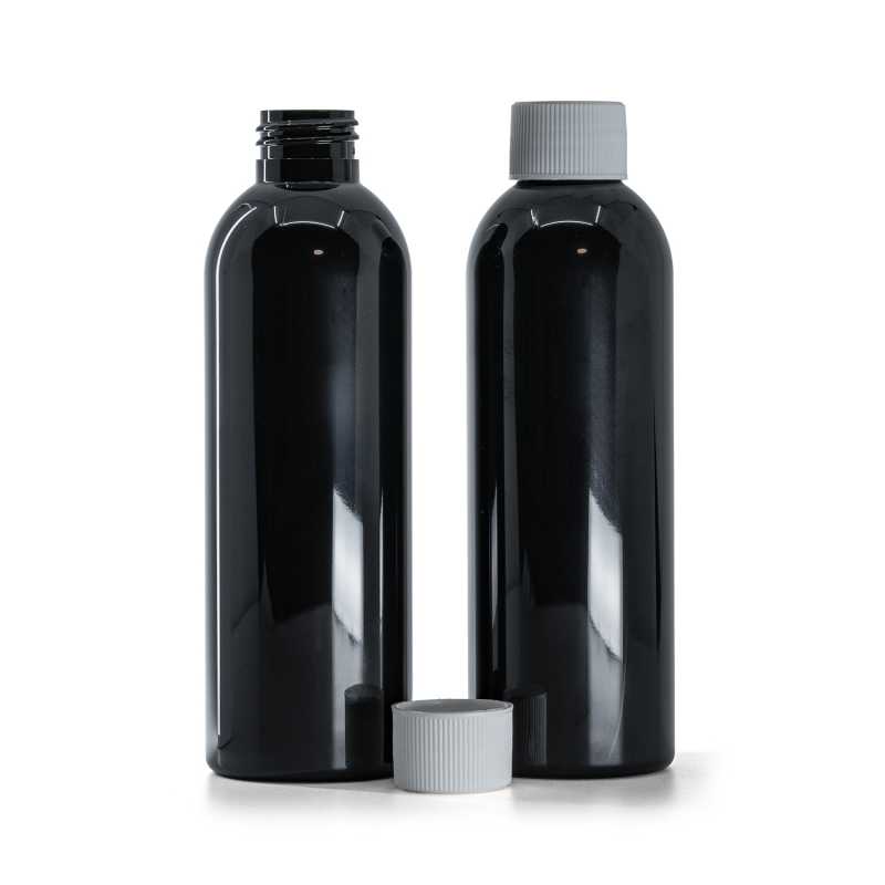 Flacon en plastique noir brillant avec bouchon blanc, 200 ml