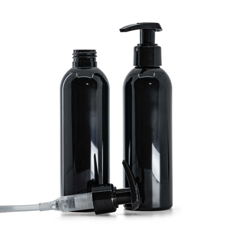 Flacon plastique noir brillant avec pompe noire, 200 ml