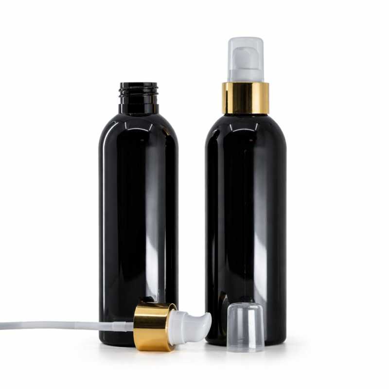 Flacon en plastique noir brillant, pompe distributrice blanc-or avec capuchon, 200 ml