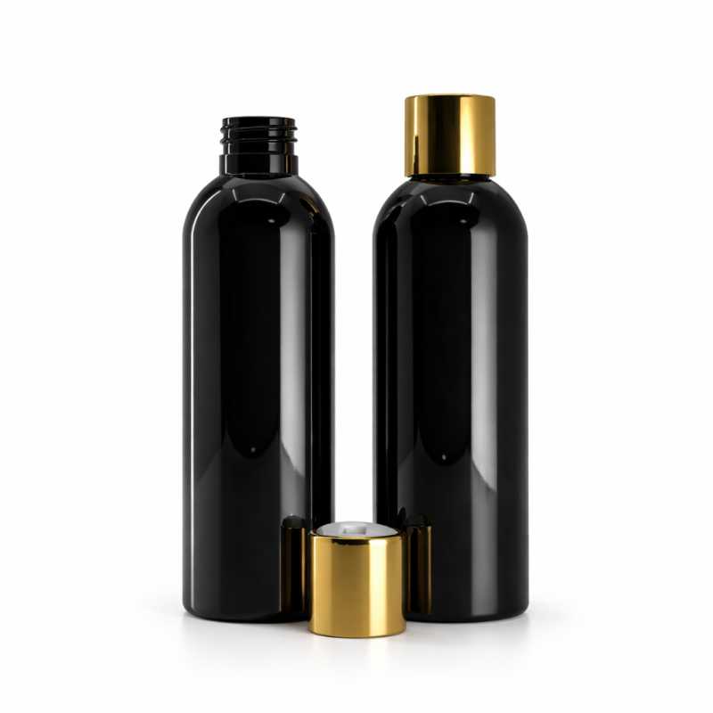 Flacon plastique noir brillant, bouchon disc-top doré, insert blanc, 200 ml