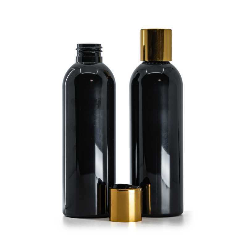 Flacon en plastique noir brillant avec bouchon service noir à bague dorée, 200 ml