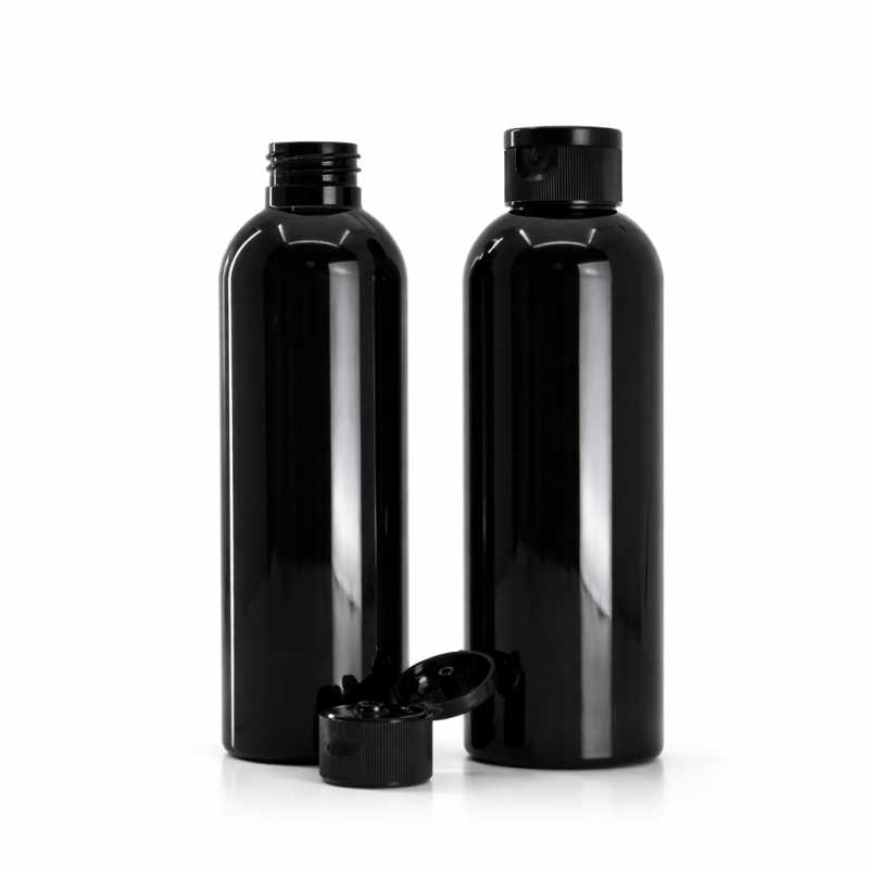 Flacon plastique noir brillant avec capsule service noire, 200 ml