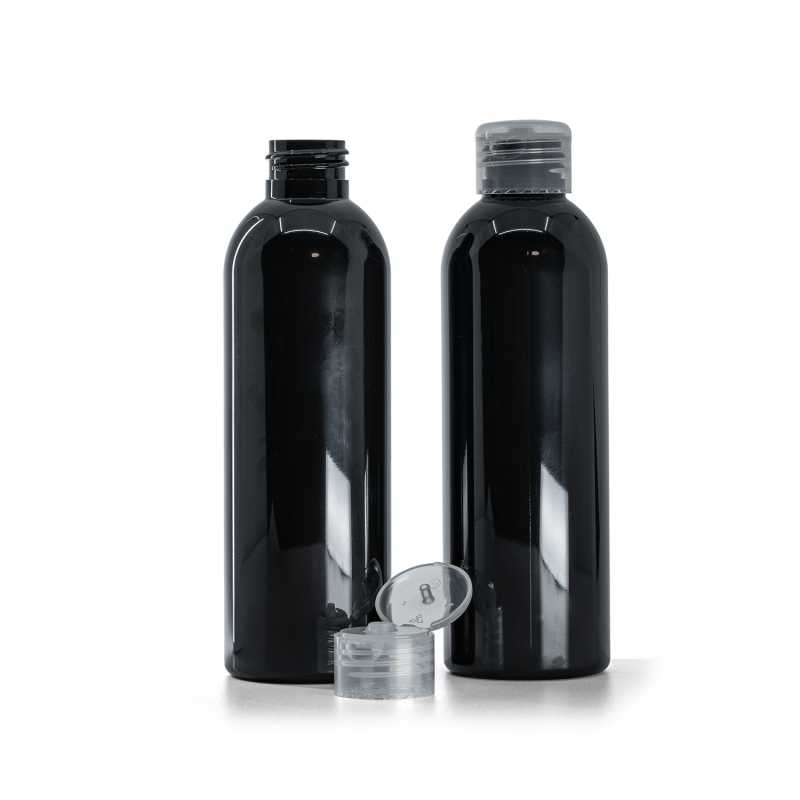 Flacon en plastique noir brillant, bouchon flip-top transparent, 200 ml