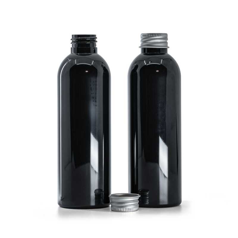 Flacon en plastique noir brillant, bouchon en aluminium argenté, 200 ml