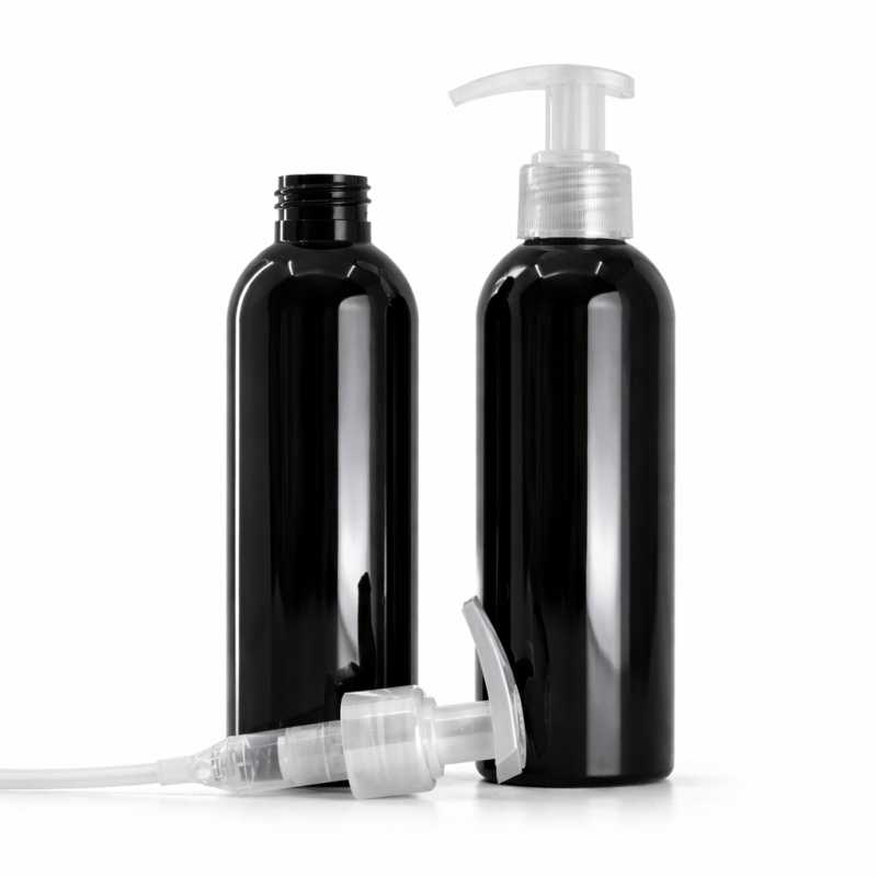 Flacon en plastique noir brillant, pompe transparente, 200 ml