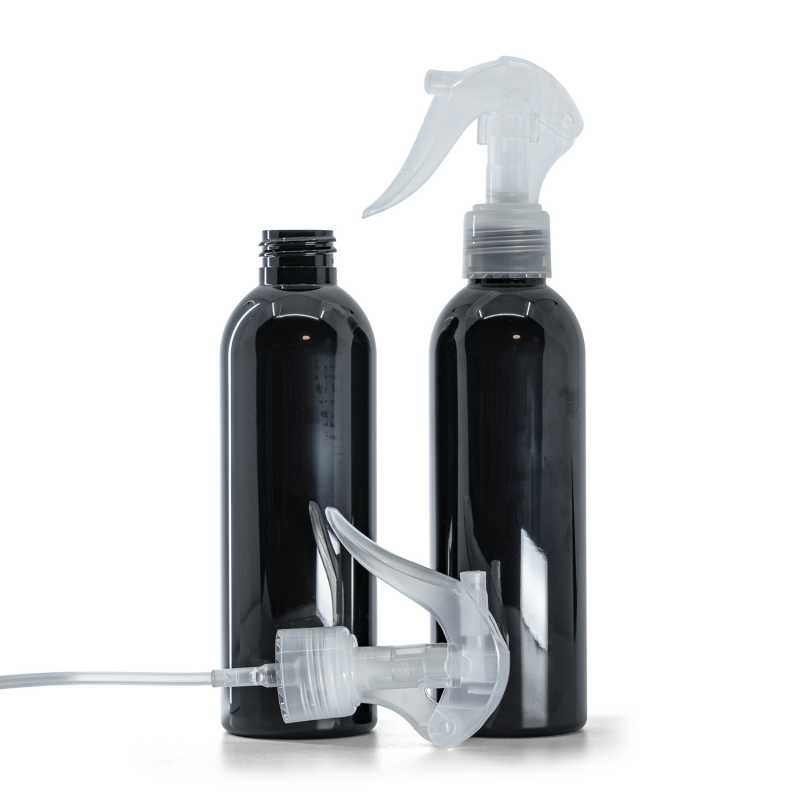 Flacon en plastique noir brillant avec spray gâchette mini transparent 200 ml