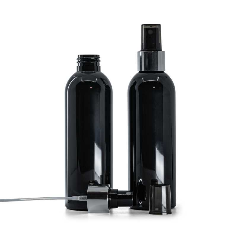 Flacon en plastique noir brillant, pompe spray noire avec bague argentée brillante, 200 ml