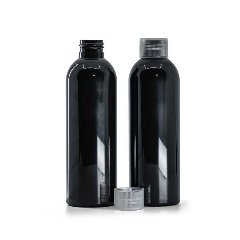 Flacon plastique noir brillant avec bouchon transparent, 200 ml