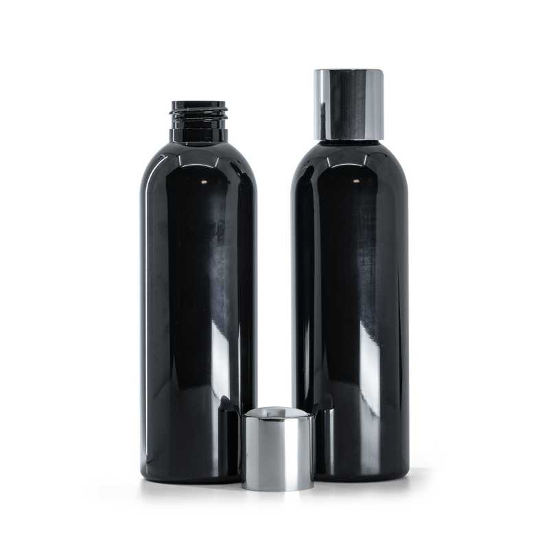 Flacon en plastique noir brillant, capsule service argentée, 200 ml