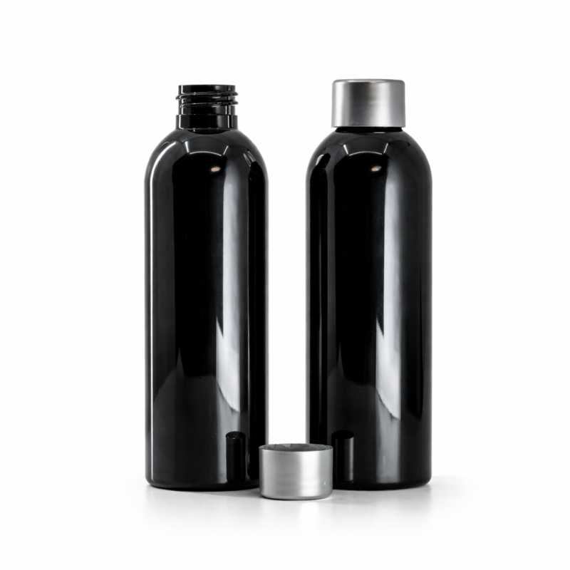 Flacon en plastique noir brillant, bouchon argenté, 200 ml