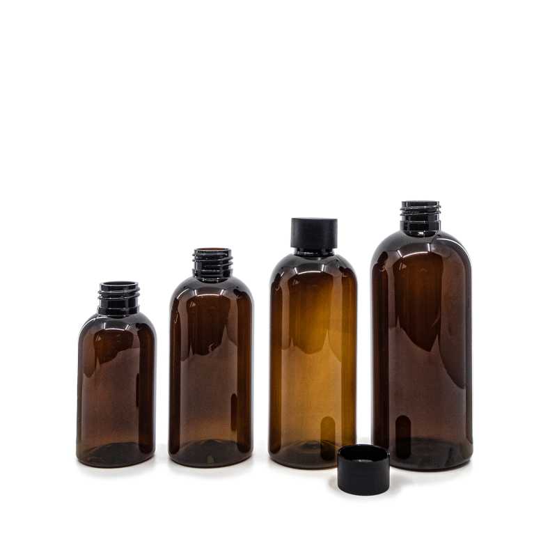 Bouteille en plastique ambrée, 24/410, bouchon en plastique noir mat, 200 ml