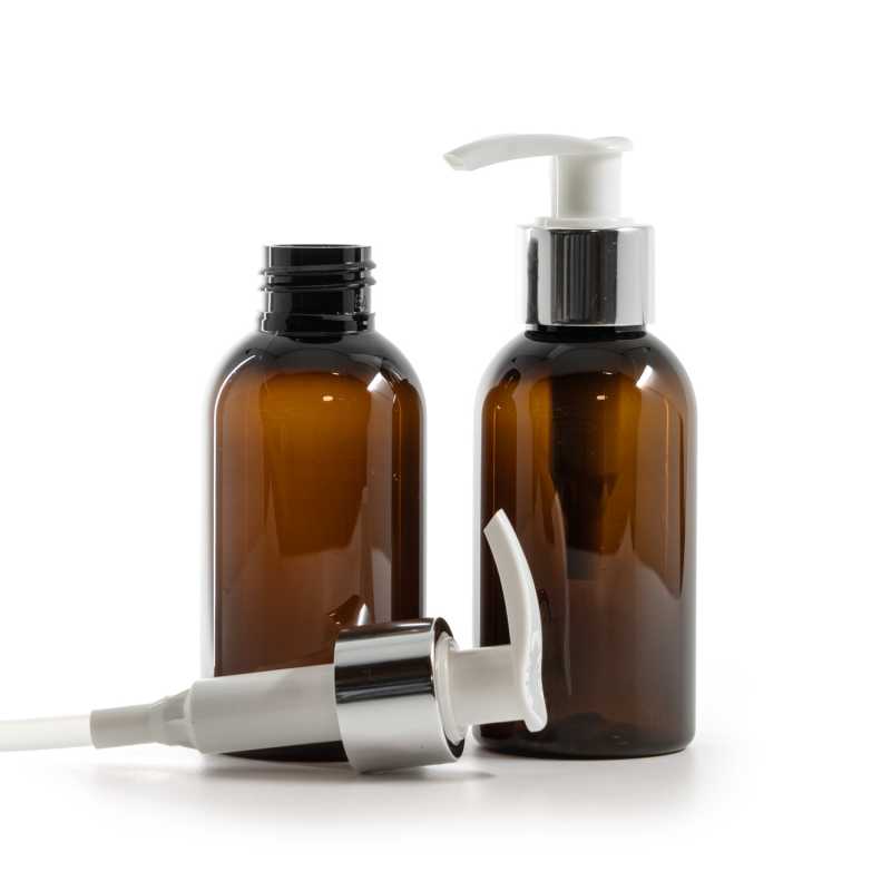 Bouteille en plastique ambrée, pompe à lotion blanche avec col argenté brillant, 100 ml