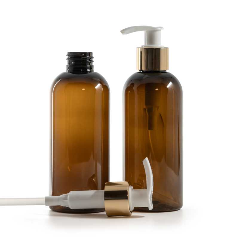 Bouteille en plastique ambre, pompe à lotion blanche avec col en or brillant, 200 ml