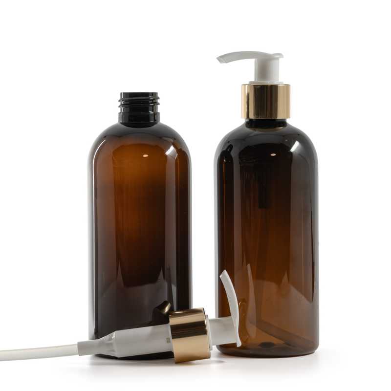 Bouteille en plastique ambrée, pompe à lotion blanche avec col en or brillant, 300 ml