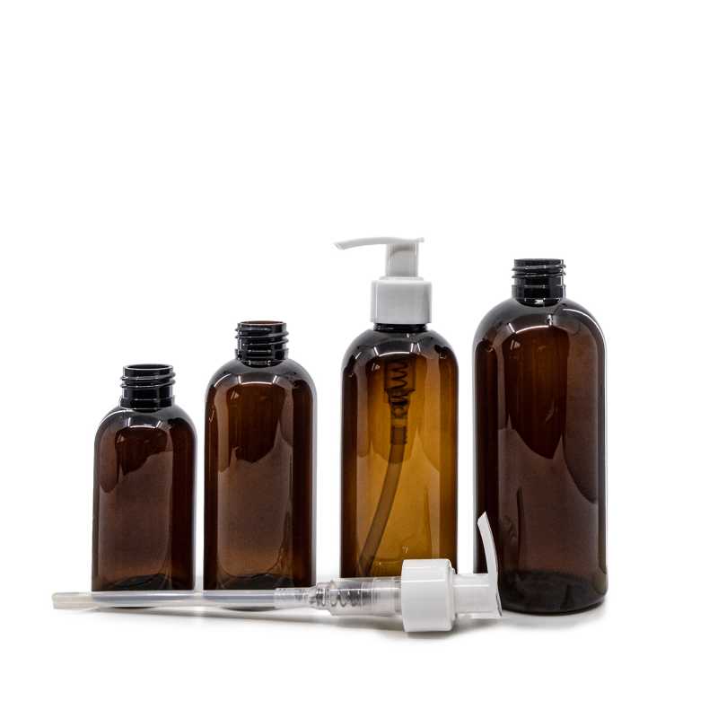 Bouteille en plastique ambrée, pompe blanche, 150 ml