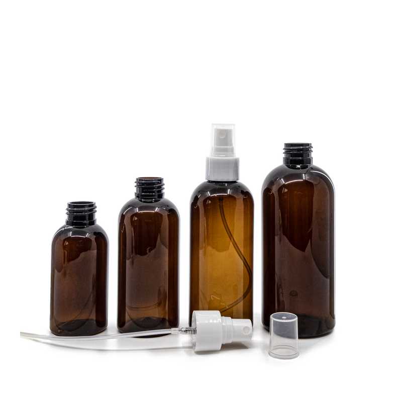 Bouteille en plastique ambrée, spray blanc à fines gouttes, 150 ml