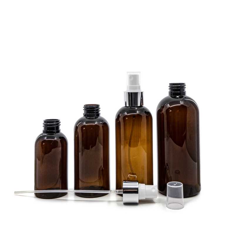 Bouteille en plastique ambrée, spray blanc avec collier argenté brillant, 150 ml