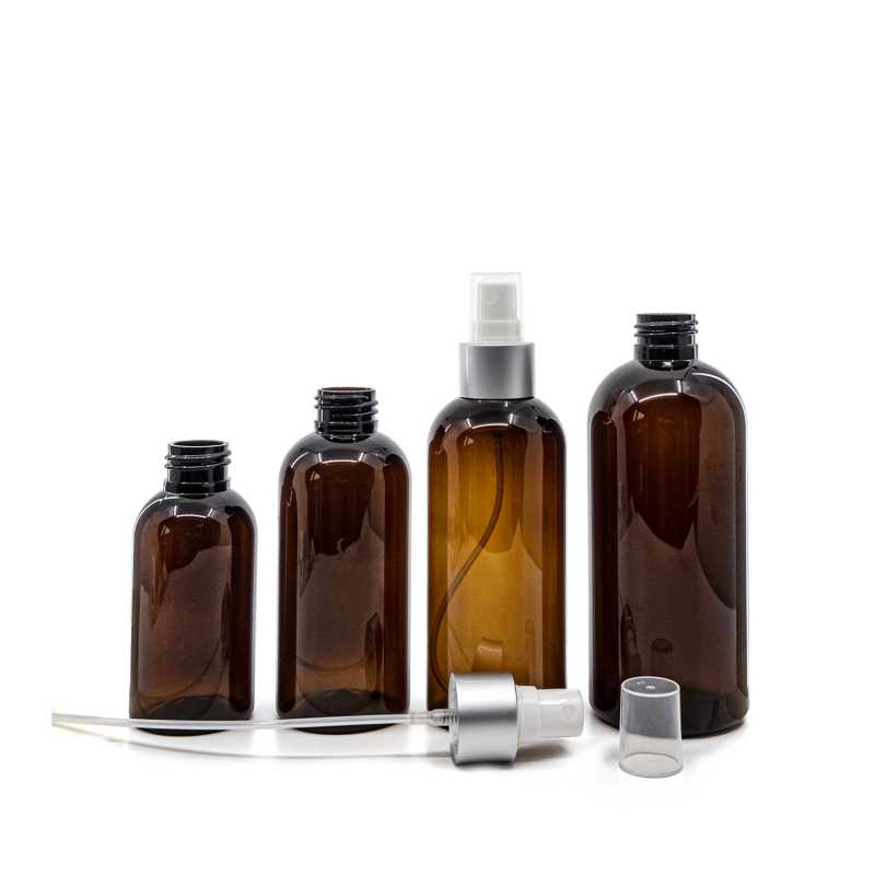 Bouteille en plastique ambrée, spray blanc avec col en argent mat, 100 ml