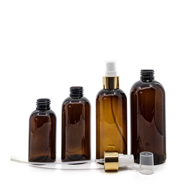 Bouteille en plastique ambrée, spray blanc avec collier doré brillant, 100 ml