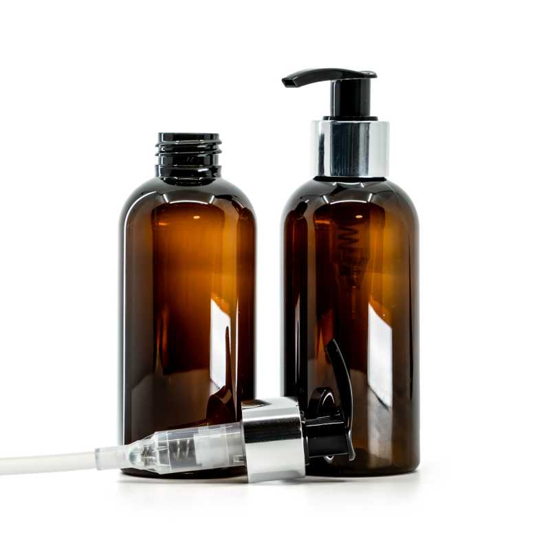 Bouteille en plastique ambrée, pompe à lotion noire avec col argenté brillant, 150 ml